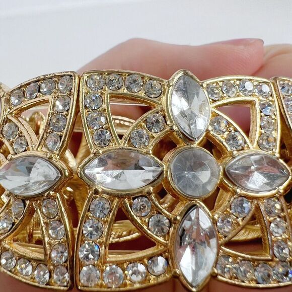 Vintage Gold Rhinestone Flower Bracelet Elastic Chunky Statement - Picture 4 of 4